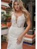 Spaghetti Straps Ivory Floral Lace Tulle Slit Charming Wedding Dress